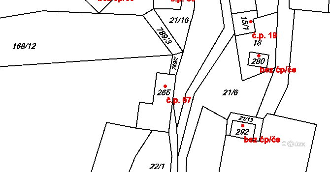 Malá Lhota 67, Velká Lhota na parcele st. 265 v KÚ Malá Lhota u Valašského Meziříčí, Katastrální mapa