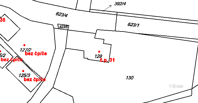 Milíčeves 31, Slatiny na parcele st. 129 v KÚ Milíčeves, Katastrální mapa