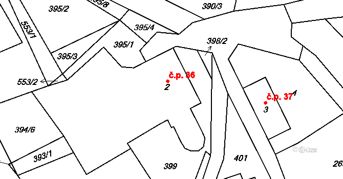 Štikov 36, Nová Paka na parcele st. 2 v KÚ Štikov, Katastrální mapa