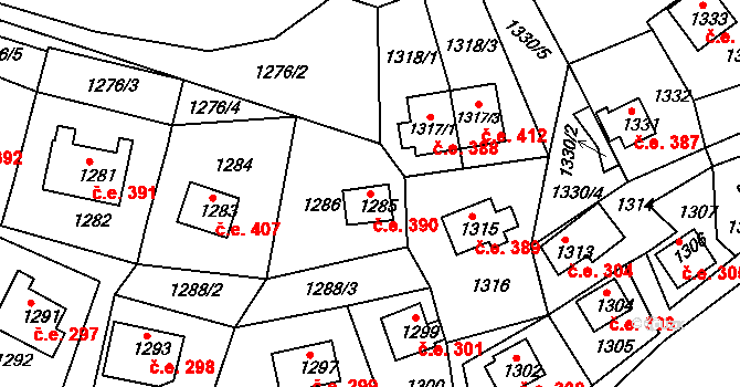 Miřetice u Klášterce nad Ohří 390, Klášterec nad Ohří na parcele st. 1285 v KÚ Miřetice u Klášterce nad Ohří, Katastrální mapa