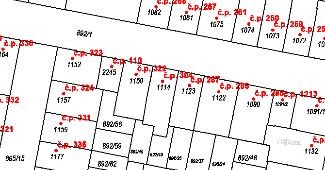 Horka-Domky 304, Třebíč na parcele st. 1114 v KÚ Třebíč, Katastrální mapa