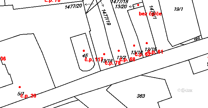 Obora 75 na parcele st. 13/18 v KÚ Obora u Loun, Katastrální mapa