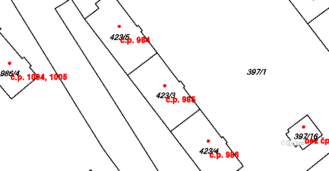 Pelhřimov 985 na parcele st. 423/3 v KÚ Pelhřimov, Katastrální mapa