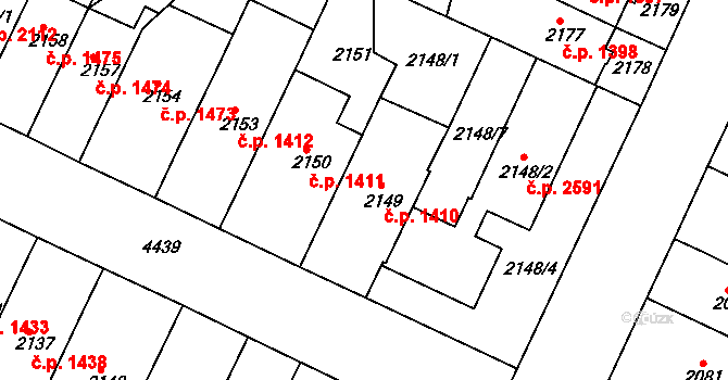 Teplice 1410 na parcele st. 2149 v KÚ Teplice, Katastrální mapa