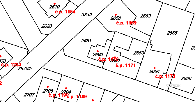 Horní Počernice 1170, Praha na parcele st. 2660 v KÚ Horní Počernice, Katastrální mapa