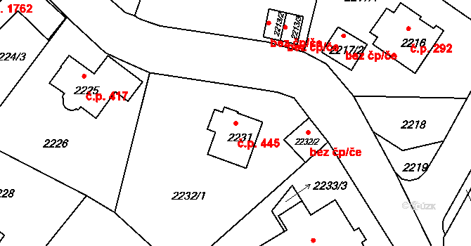 Braník 445, Praha na parcele st. 2231 v KÚ Braník, Katastrální mapa