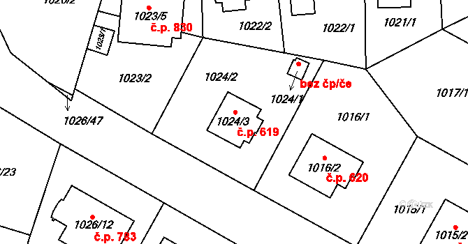 Ďáblice 619, Praha na parcele st. 1024/3 v KÚ Ďáblice, Katastrální mapa