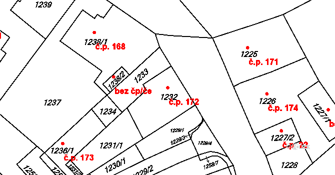 Fryštát 172, Karviná na parcele st. 1232 v KÚ Karviná-město, Katastrální mapa