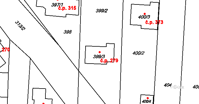 Přerov VI-Újezdec 279, Přerov na parcele st. 399/3 v KÚ Újezdec u Přerova, Katastrální mapa