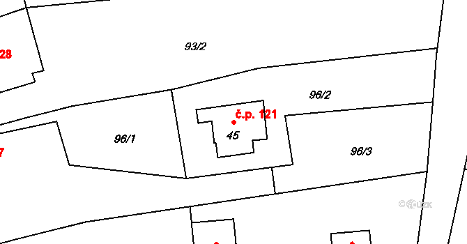Olšovec 121 na parcele st. 45 v KÚ Olšovec, Katastrální mapa