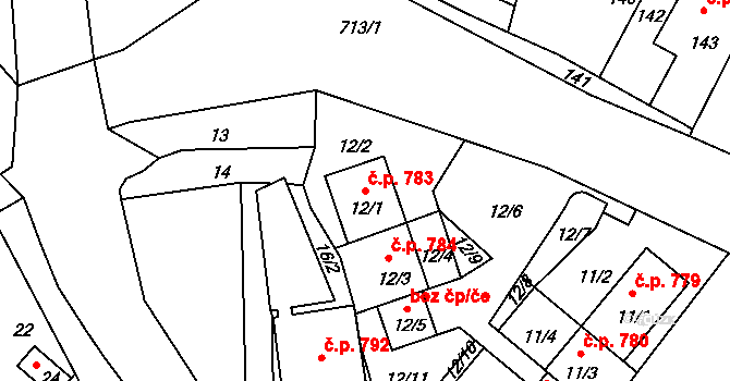 Průhonice 783 na parcele st. 12/1 v KÚ Průhonice, Katastrální mapa
