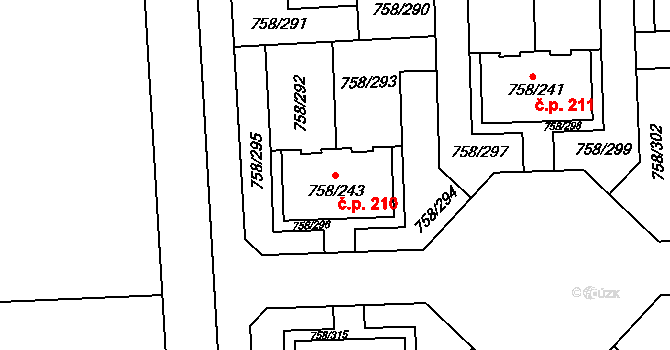 Blížejov 210 na parcele st. 758/243 v KÚ Blížejov, Katastrální mapa