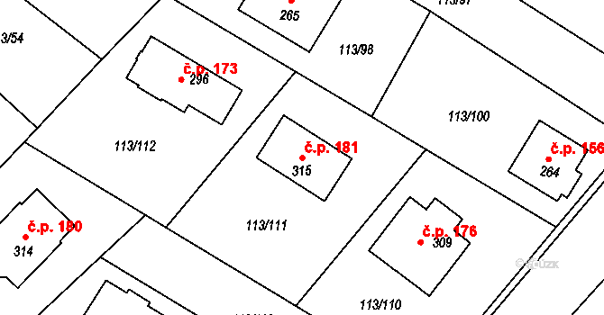 Písty 181 na parcele st. 315 v KÚ Písty u Nymburka, Katastrální mapa