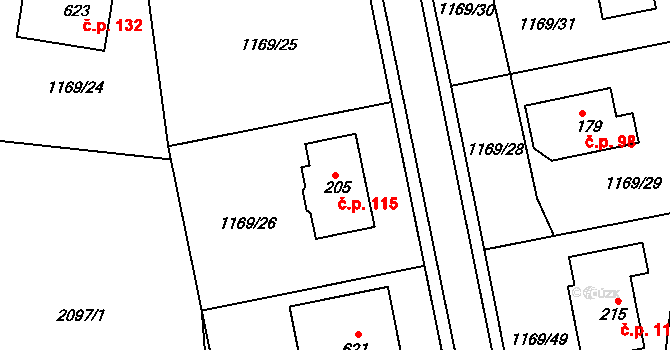 Kojčice 115 na parcele st. 205 v KÚ Kojčice, Katastrální mapa