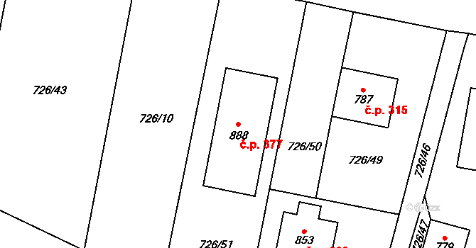 Mukařov 377 na parcele st. 888 v KÚ Mukařov u Říčan, Katastrální mapa