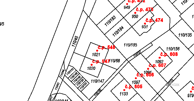 Psáry 548 na parcele st. 1021 v KÚ Dolní Jirčany, Katastrální mapa