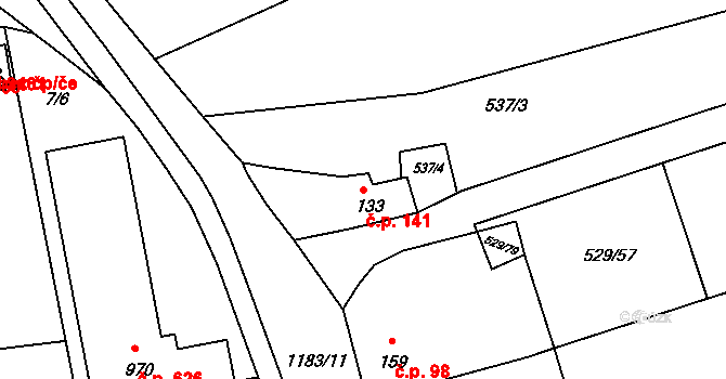 Prštné 141, Zlín na parcele st. 133/1 v KÚ Prštné, Katastrální mapa