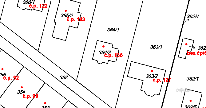 Čechy 135 na parcele st. 364/2 v KÚ Čechy, Katastrální mapa