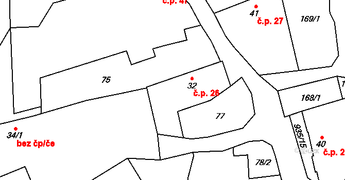 Předbořice 26, Kovářov na parcele st. 32 v KÚ Předbořice u Zahořan, Katastrální mapa
