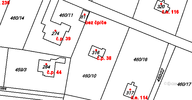 Čisovice 38 na parcele st. 316 v KÚ Čisovice, Katastrální mapa