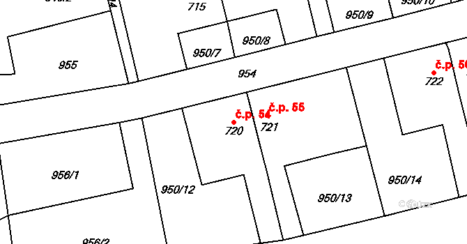 Jezbiny 54, Jaroměř na parcele st. 720 v KÚ Jezbiny, Katastrální mapa