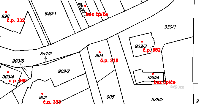 Jedovnice 318 na parcele st. 904 v KÚ Jedovnice, Katastrální mapa