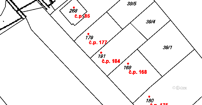 Krupá 184 na parcele st. 191 v KÚ Krupá, Katastrální mapa