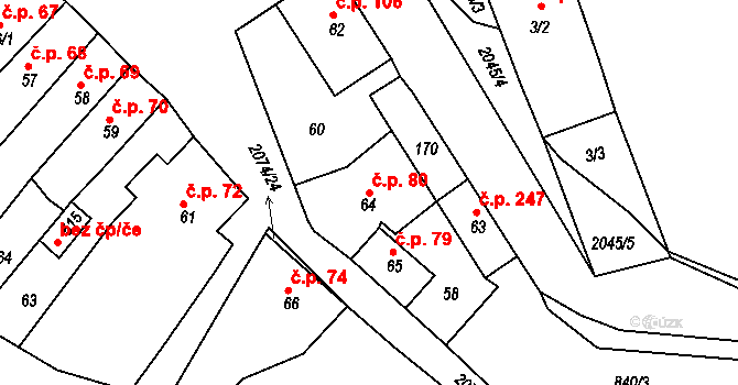 Merklín 80 na parcele st. 64 v KÚ Merklín u Přeštic, Katastrální mapa