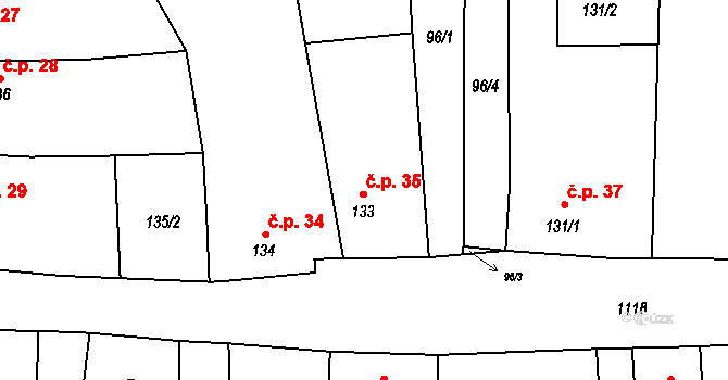 Blšany 35 na parcele st. 133 v KÚ Blšany, Katastrální mapa
