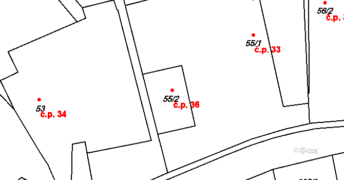 Hřibojedy 36 na parcele st. 55/2 v KÚ Hřibojedy, Katastrální mapa