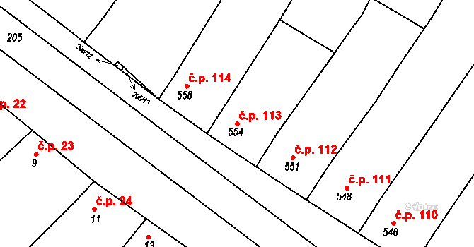Hrušky 113 na parcele st. 554 v KÚ Hrušky, Katastrální mapa