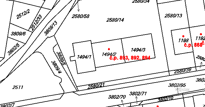 Dobřany 892,893,894 na parcele st. 1494/2 v KÚ Dobřany, Katastrální mapa