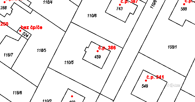 Lázně Toušeň 386 na parcele st. 459 v KÚ Lázně Toušeň, Katastrální mapa