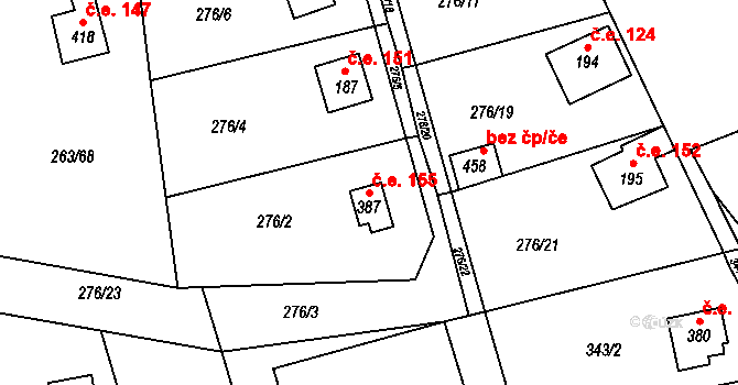 Hostěradice 155, Kamenný Přívoz na parcele st. 387 v KÚ Hostěradice, Katastrální mapa