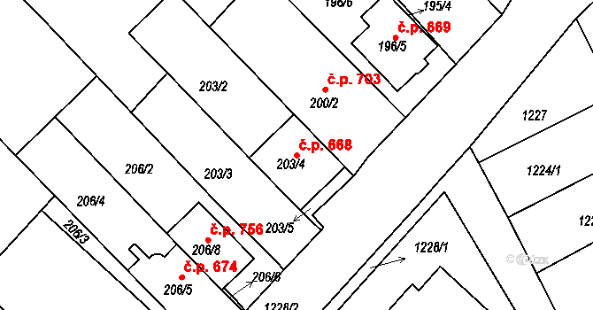 Vnorovy 668 na parcele st. 203/4 v KÚ Vnorovy, Katastrální mapa