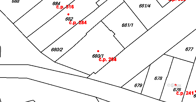 Šaratice 264 na parcele st. 680/1 v KÚ Šaratice, Katastrální mapa