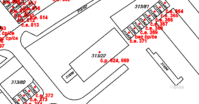 Vyškov-Předměstí 569,624, Vyškov na parcele st. 313/22 v KÚ Vyškov, Katastrální mapa
