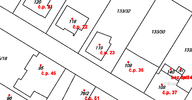 Týnec 23, Dobrovice na parcele st. 119 v KÚ Týnec u Dobrovice, Katastrální mapa