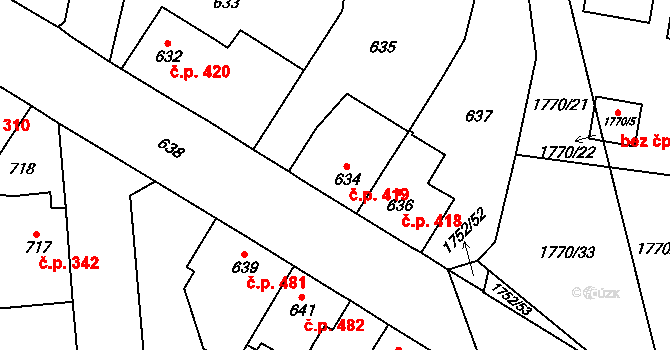 Kosmonosy 419 na parcele st. 634 v KÚ Kosmonosy, Katastrální mapa