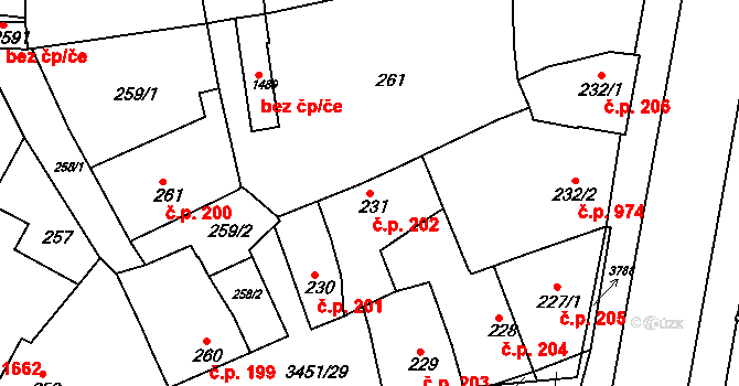 Lysá nad Labem 202 na parcele st. 231 v KÚ Lysá nad Labem, Katastrální mapa