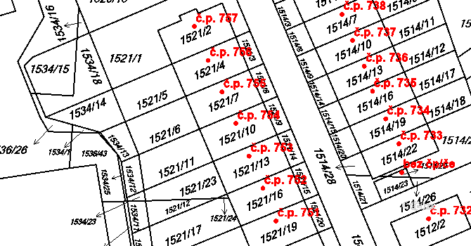 Stránice 754, Brno na parcele st. 1521/10 v KÚ Stránice, Katastrální mapa