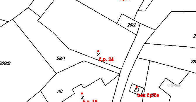 Píšť 24 na parcele st. 2 v KÚ Píšť u Humpolce, Katastrální mapa