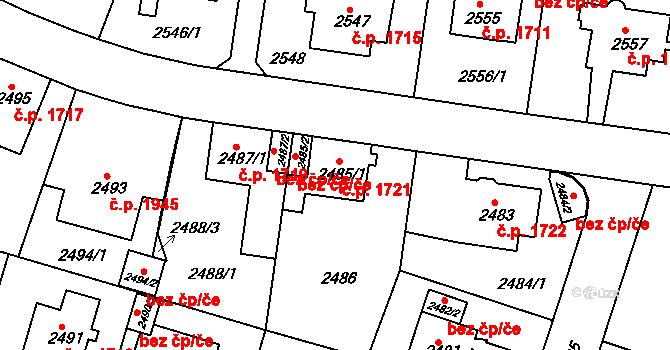 Teplice 1721 na parcele st. 2485/1 v KÚ Teplice, Katastrální mapa