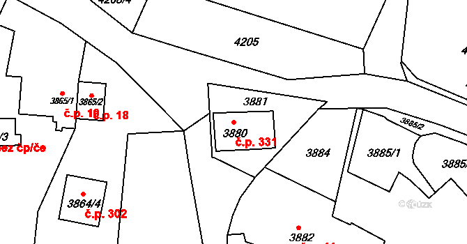 Lískovec 331, Frýdek-Místek na parcele st. 3880 v KÚ Lískovec u Frýdku-Místku, Katastrální mapa