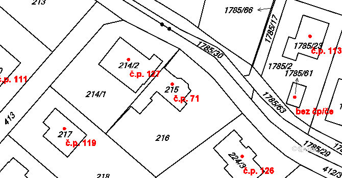 Holyně 71, Praha na parcele st. 215 v KÚ Holyně, Katastrální mapa