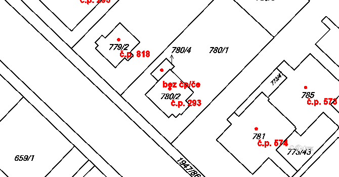 Lhotka 293, Praha na parcele st. 780/2 v KÚ Lhotka, Katastrální mapa