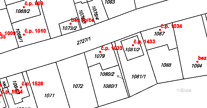 Kyje 1033, Praha na parcele st. 1079 v KÚ Kyje, Katastrální mapa