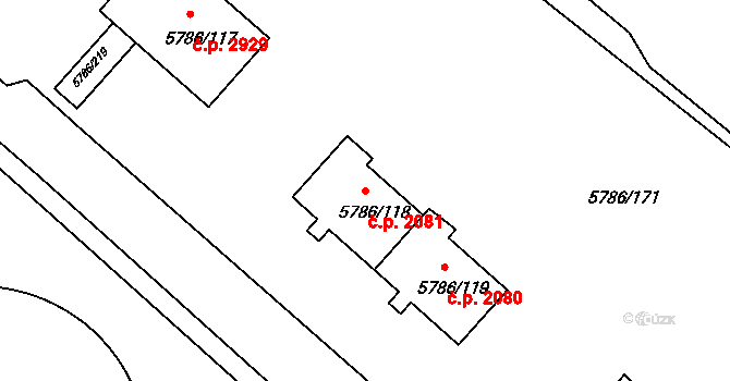 Česká Lípa 2081 na parcele st. 5786/118 v KÚ Česká Lípa, Katastrální mapa