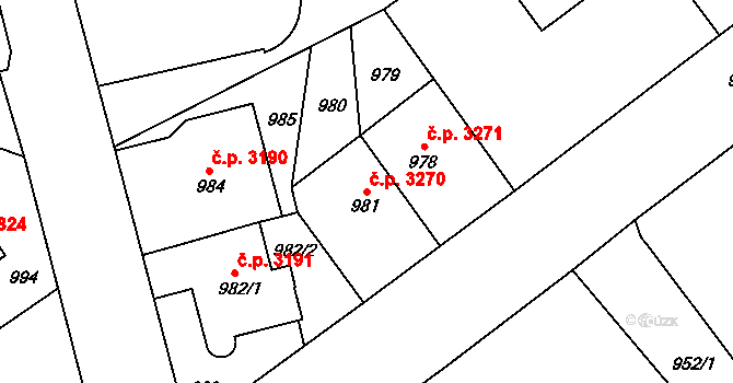 Chomutov 3270 na parcele st. 981 v KÚ Chomutov I, Katastrální mapa
