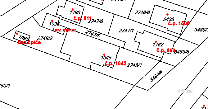 Rosice 1042 na parcele st. 1045 v KÚ Rosice u Brna, Katastrální mapa